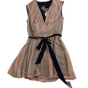 MM Couture Dress Silk Feminine Tan/ Black V-Neck Belted Juniors Size L NWT